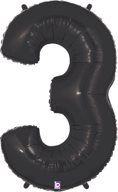 Black foil balloon shaped as the number 3, 34 inches tall, shiny surface.