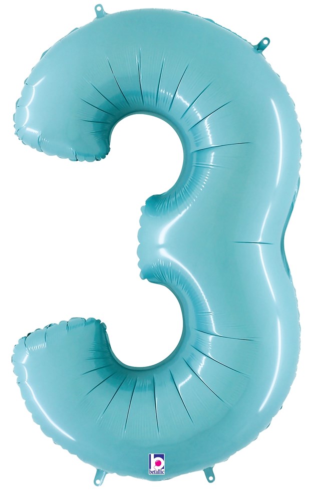 Pastel blue foil balloon shaped like the number 3, shiny surface, 34 inches tall.