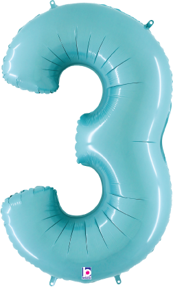 Pastel blue foil balloon shaped like the number 3, 34 inches tall, shiny surface.