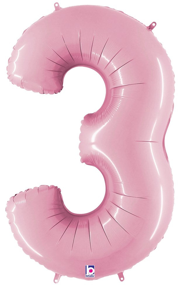 Pastel pink foil balloon shaped like the number 3, 34 inches tall, shiny surface.