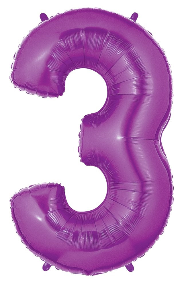 Purple metallic foil balloon shaped as the number 3, 34 inches tall, shiny surface.