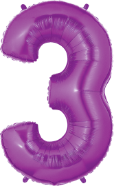 Purple foil balloon shaped like the number 3, 34 inches tall with a shiny finish.