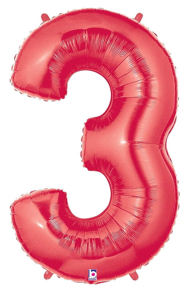 Red metallic foil balloon shaped as the number 3, shiny surface, 34 inches tall.