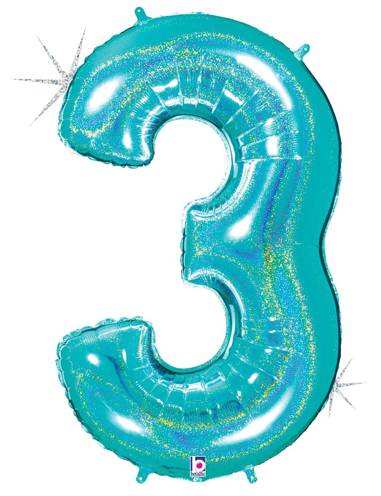 Robin's egg blue number 3-shaped holographic foil balloon with glitter finish, 34 inches tall.