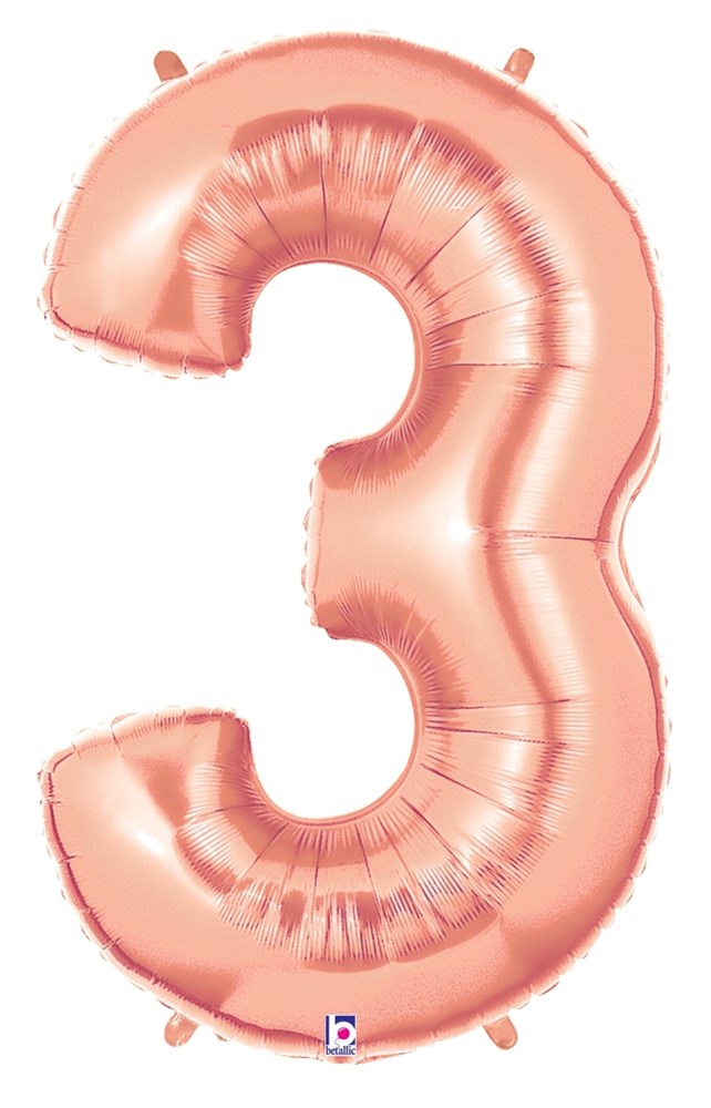 Rose gold foil balloon shaped as number 3, metallic finish, inflated and shiny.