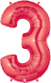 Red foil balloon shaped like the number 3, shiny metallic finish, 34 inches tall.