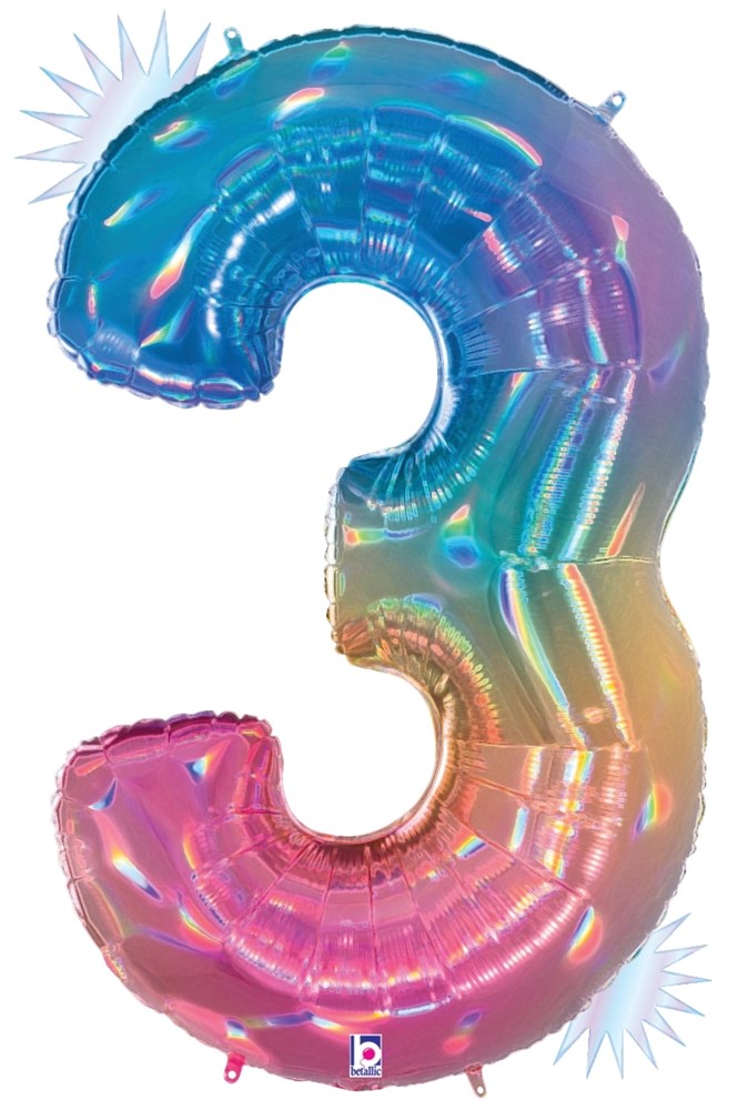 34-inch holographic foil balloon shaped as the number 3 with opal rainbow colors.