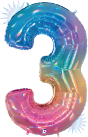 34-inch holographic foil balloon shaped like the number 3 with opal rainbow colors.