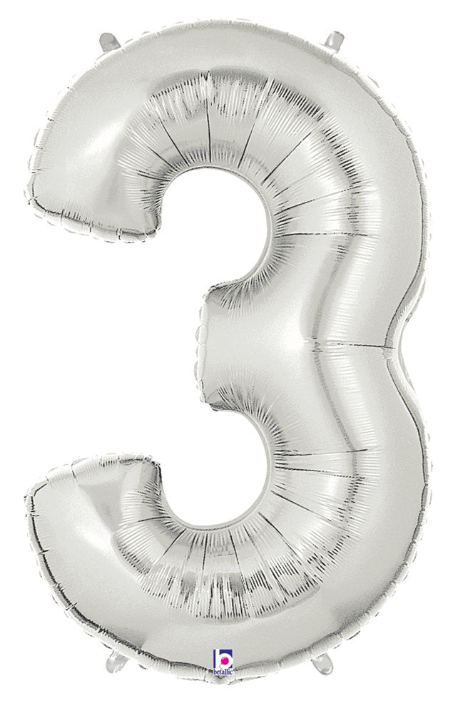 Silver foil balloon shaped as the number 3, shiny and 34 inches tall.