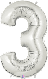 Silver foil balloon shaped like the number 3, 34 inches tall, with a shiny metallic finish.