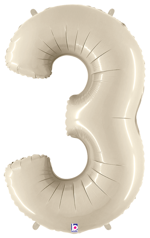 34-inch white sand foil balloon shaped as number 3 with sealed edges.