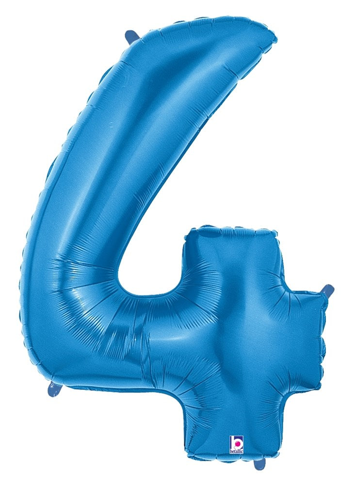 Blue foil balloon shaped as the number 4, 34 inches tall with a shiny metallic finish.