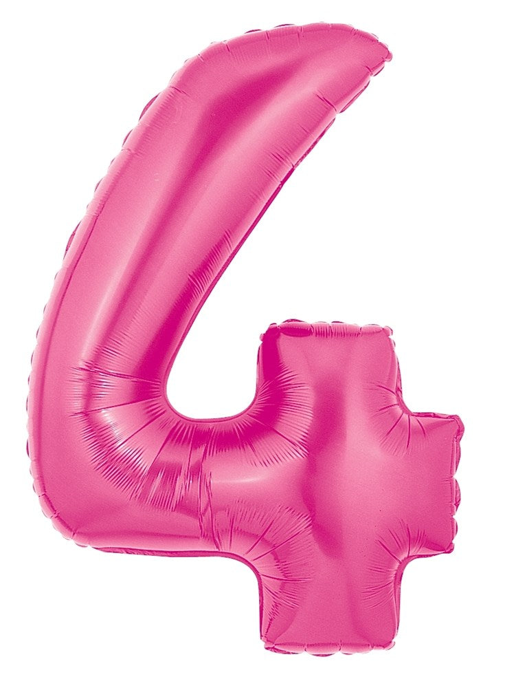 Shiny pink foil balloon shaped like the number 4, inflated and glossy.
