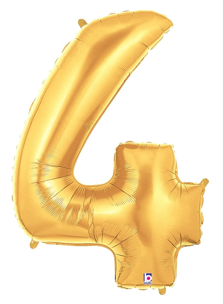 Gold foil balloon shaped as the number 4, 34 inches tall with a shiny metallic finish.