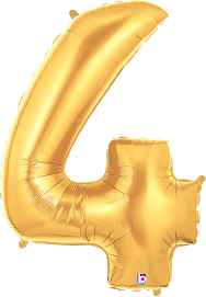 Gold metallic foil balloon shaped as the number 4, 34 inches tall, shiny surface.