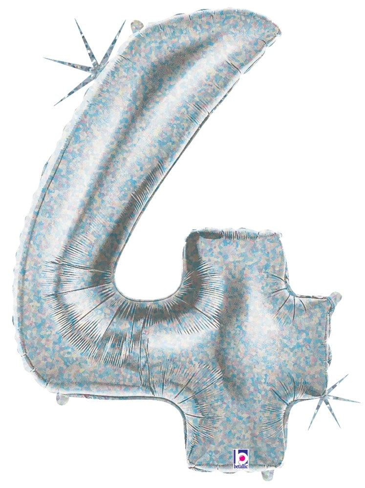 34-inch holographic silver foil balloon shaped like the number 4 with a shiny, reflective surface.