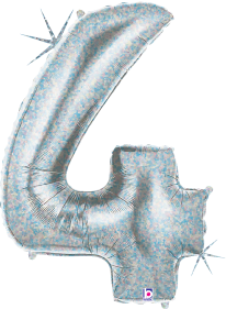 34-inch holographic silver foil balloon shaped like the number 4 with iridescent shimmer.