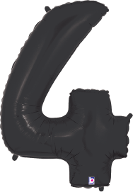 34-inch black foil balloon shaped as the number 4 with a shiny surface.