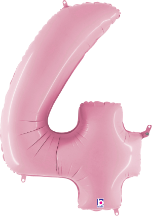 Pink pastel foil balloon shaped as number 4, 34 inches tall, shiny surface.