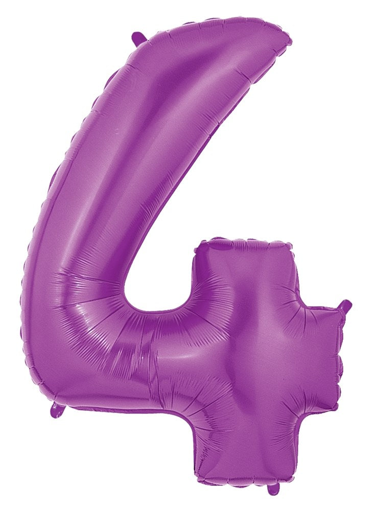 Purple foil balloon shaped as the number 4 with a shiny metallic finish, 34 inches tall.