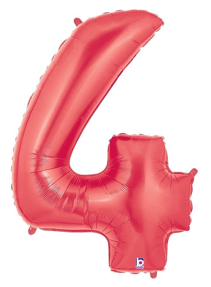 Red foil balloon shaped as the number 4, shiny surface, 34 inches tall, inflated design.