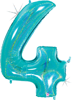 34-inch holographic foil balloon shaped like number 4 in robin’s egg blue with glitter finish.