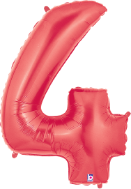 Red foil balloon shaped as the number 4, 34 inches tall with a shiny metallic finish.