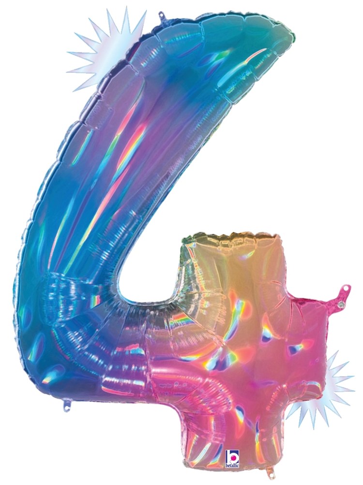 34-inch holographic foil balloon shaped as the number 4 with opal rainbow colors and star accent.