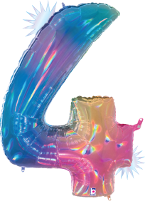 34-inch holographic foil balloon shaped like the number 4 with rainbow opal colors.