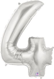 34-inch silver foil balloon shaped like the number 4 with a shiny metallic finish.