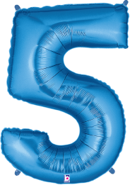 Blue foil balloon shaped like the number 5, shiny surface, inflated, 34 inches tall.