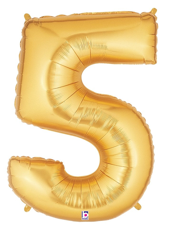 Gold foil balloon shaped as the number 5, 34 inches tall, with a shiny metallic finish.