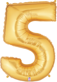 Gold foil balloon shaped like the number 5, 34 inches tall with a shiny metallic finish.