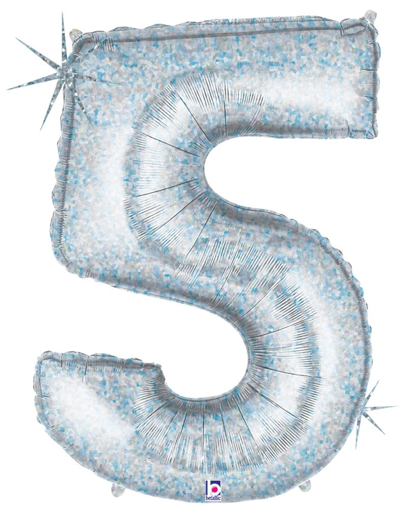 Silver holographic foil balloon shaped as the number 5 with starburst reflections.