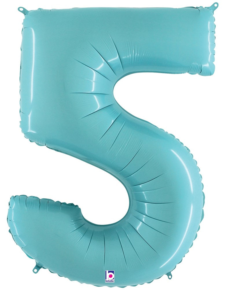 Pastel blue shiny foil balloon shaped like the number 5, 34 inches tall.