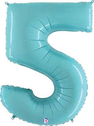 Pastel blue foil balloon shaped as the number 5, 34 inches tall, shiny surface.