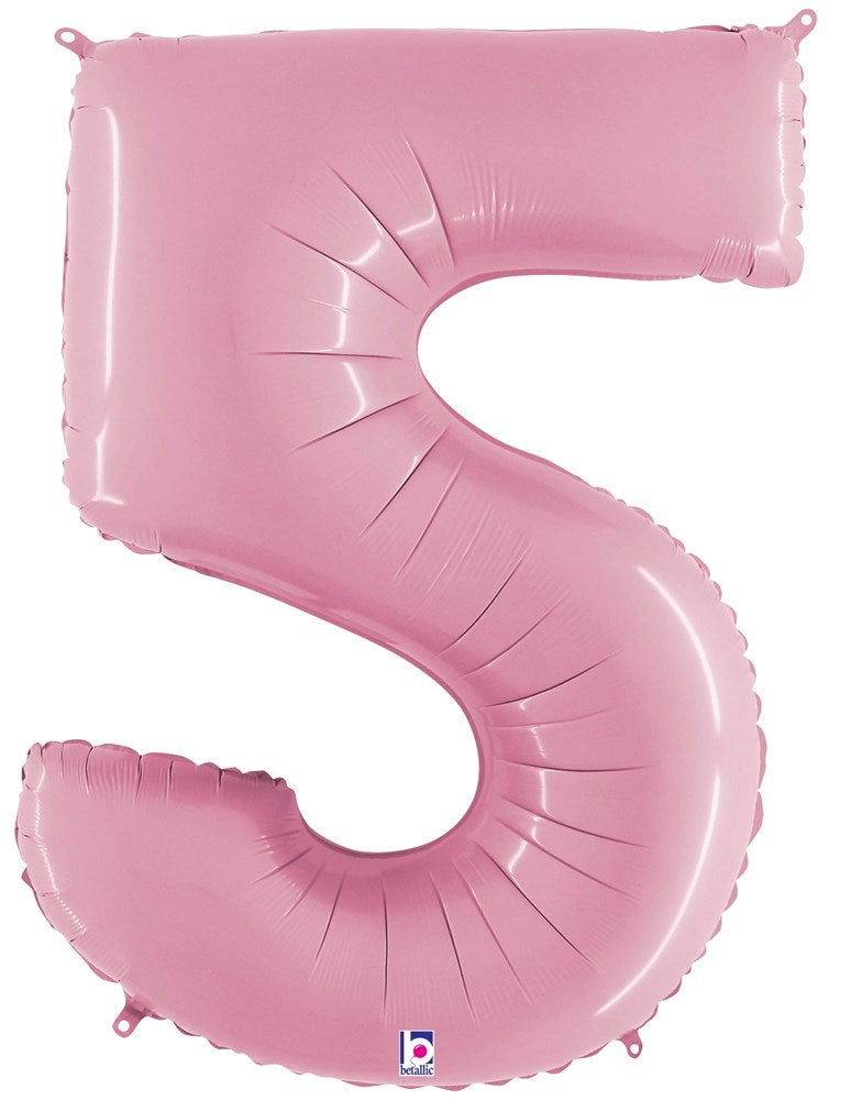 Pastel pink foil balloon shaped as the number 5, shiny and inflated, 34 inches tall.