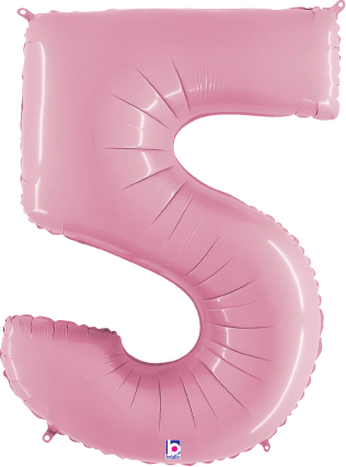Pastel pink foil balloon shaped like the number 5, 34 inches tall, shiny surface.