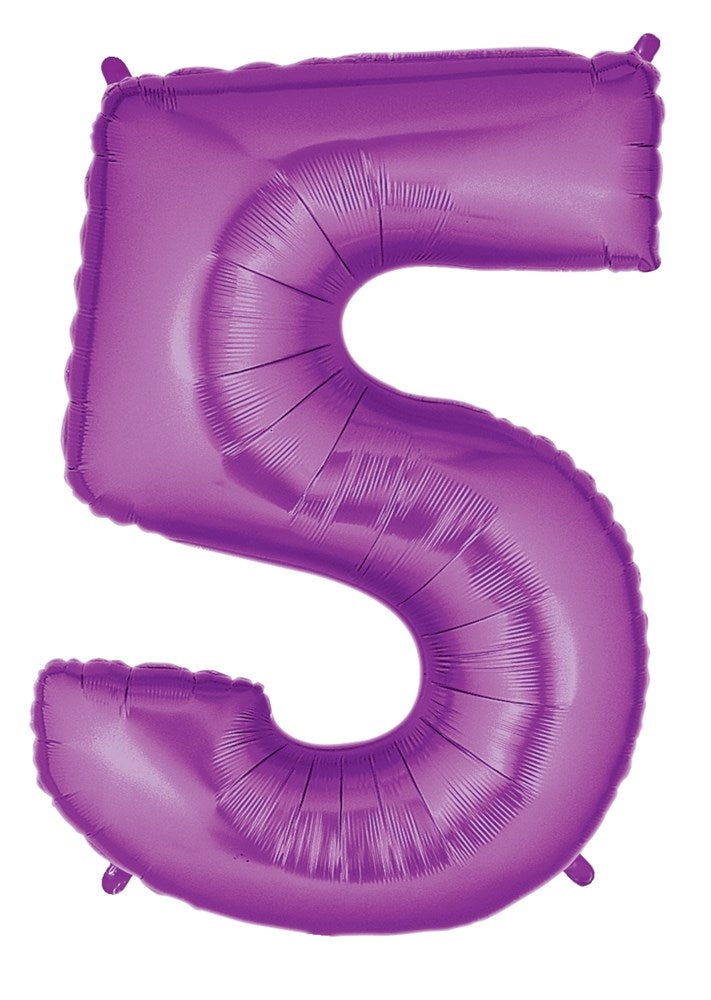 Purple foil balloon shaped as the number 5, 34 inches tall, with a shiny metallic finish.