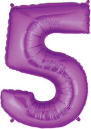 Purple foil balloon shaped as the number 5, 34 inches tall with a metallic sheen.
