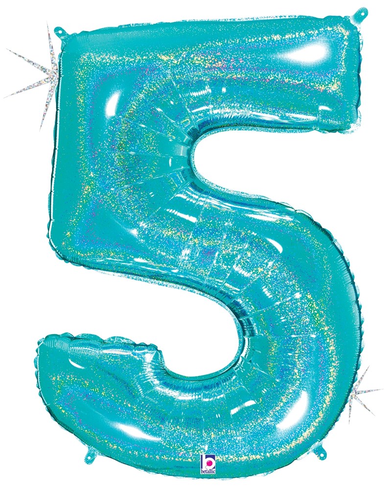 Robin's egg blue holographic foil balloon shaped as the number 5 with a glittery finish.