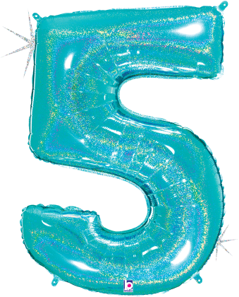 34-inch holographic foil balloon shaped as the number 5 in glittery robin's egg blue color.