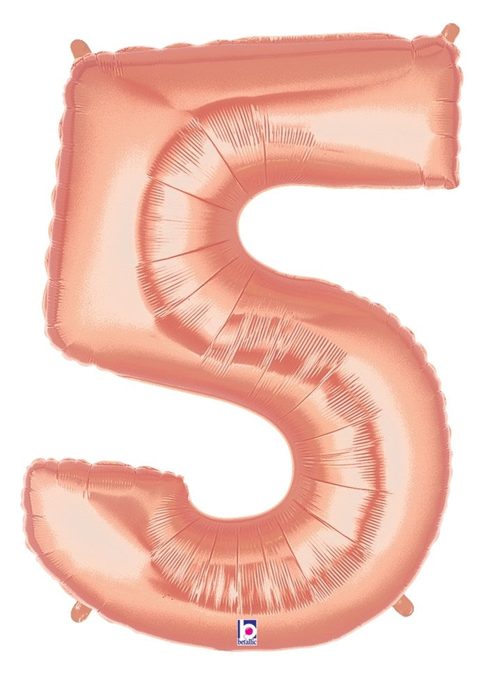 Rose gold foil balloon shaped as the number 5, metallic finish, 34 inches tall.