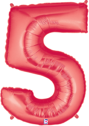 Red foil balloon shaped as the number 5, shiny surface, 34 inches tall.