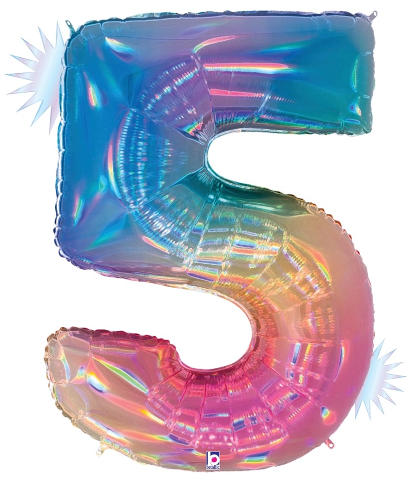 34-inch holographic foil balloon shaped like the number 5 with opal rainbow colors.