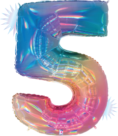 34-inch holographic foil balloon shaped like the number 5 with opal rainbow colors.