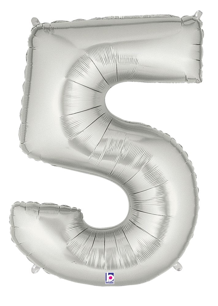 Silver foil balloon shaped as the number 5, 34 inches tall with a reflective metallic finish.