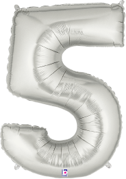 Silver foil balloon shaped like the number 5, shiny and reflective, 34 inches tall.