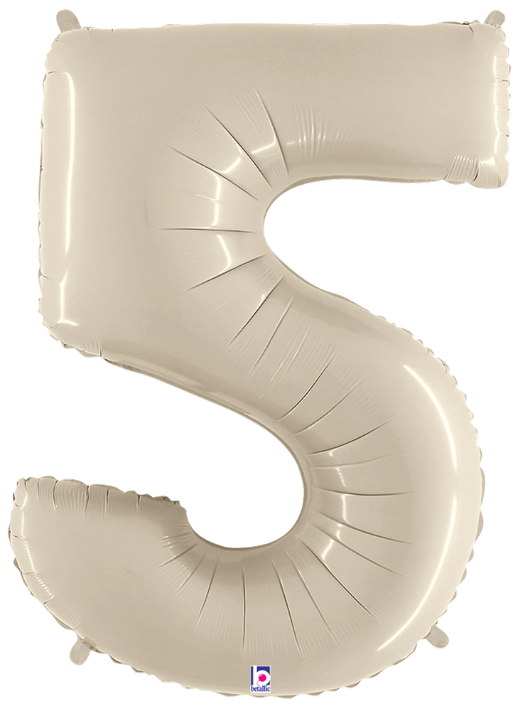 White foil balloon shaped as the number 5, 34 inches tall with a shiny surface.