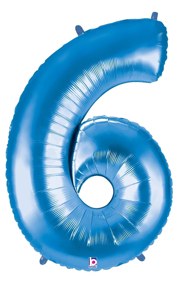 Blue foil balloon shaped as the number 6, 34 inches tall, shiny metallic finish.